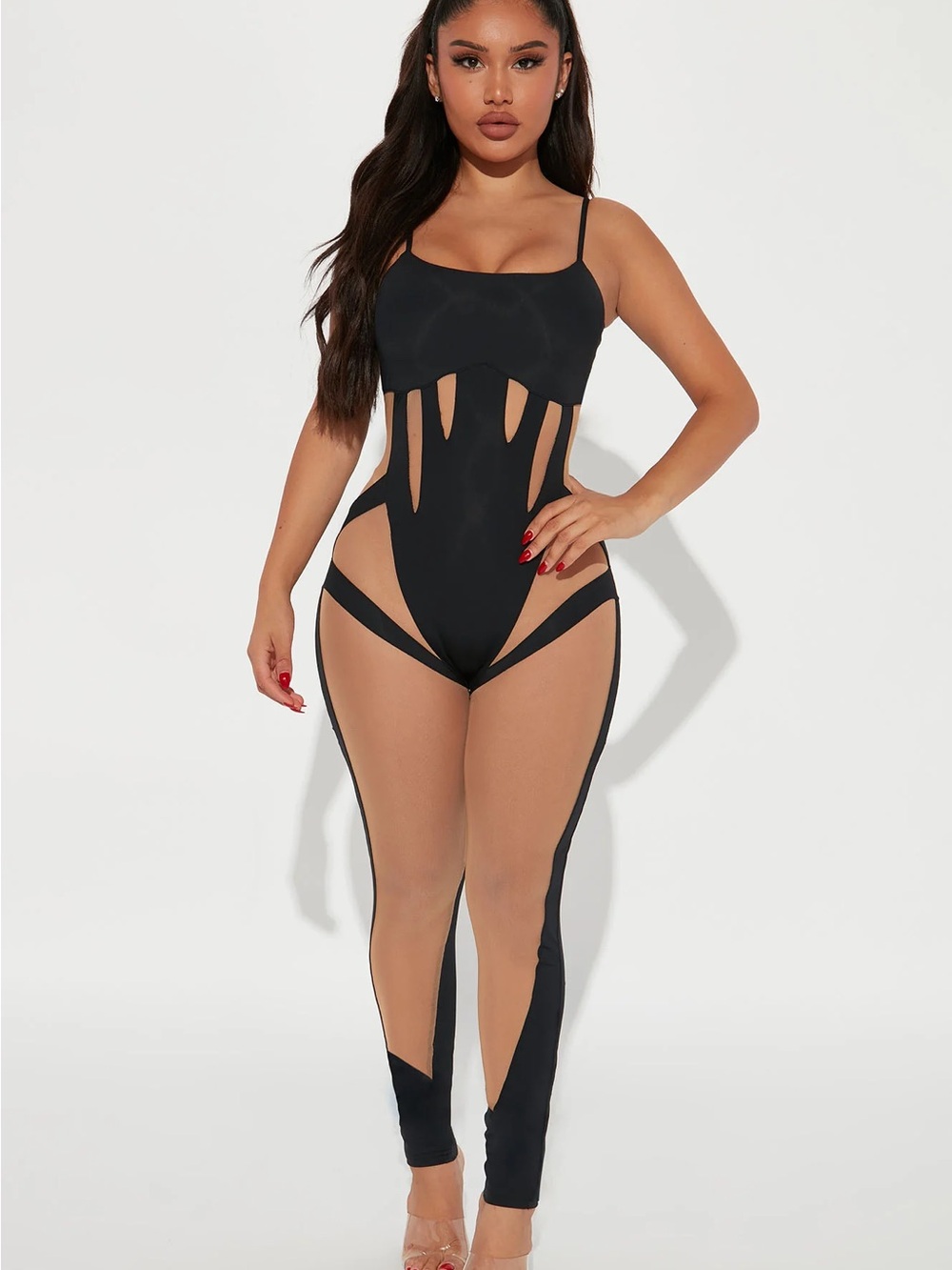 Fashion Nova Black & Tan Contrast Sheer Panel Jumpsuit